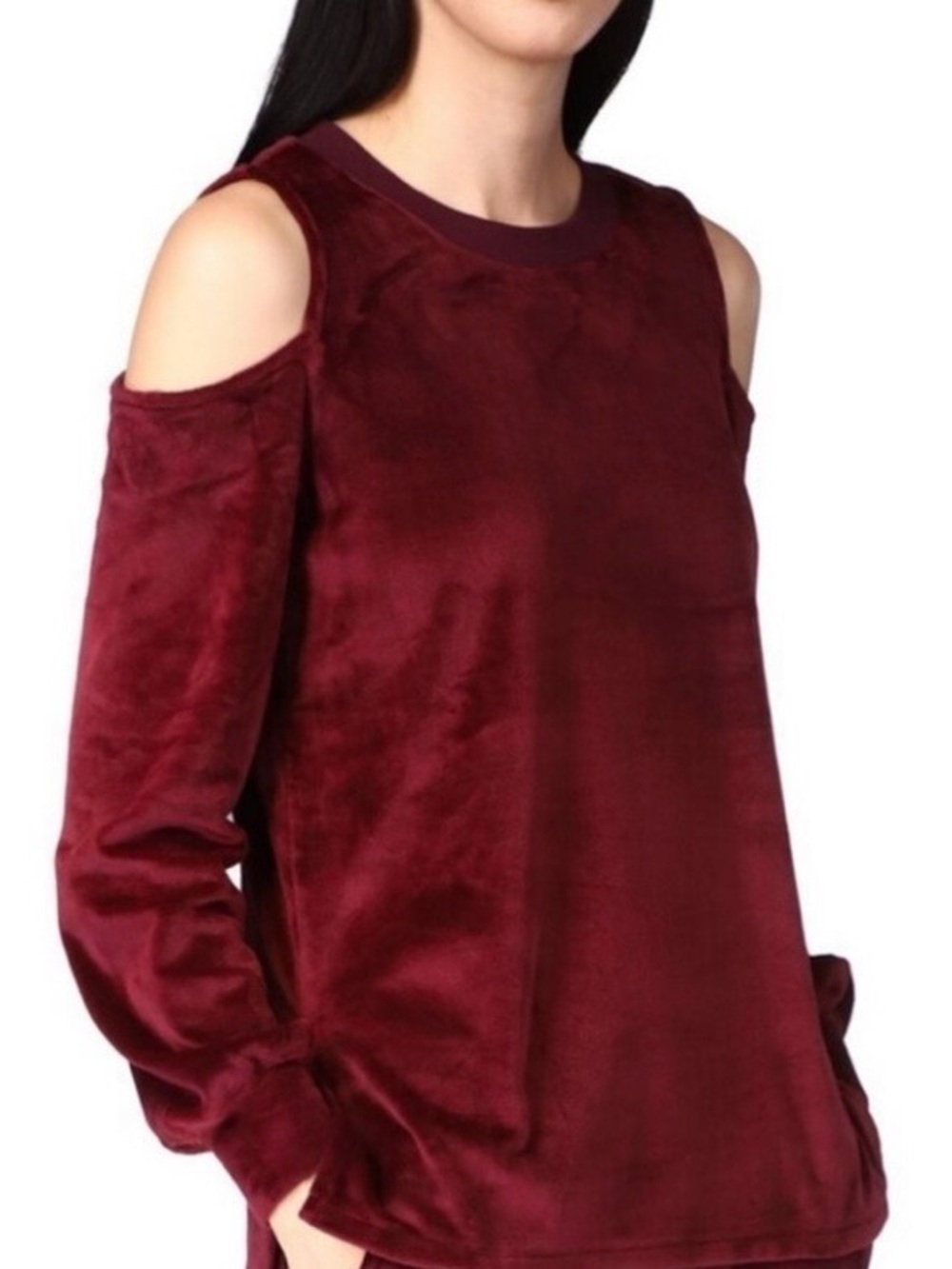 Michael Kors Cold-Shoulder Velvet Long-Sleeve Top - Burgundy